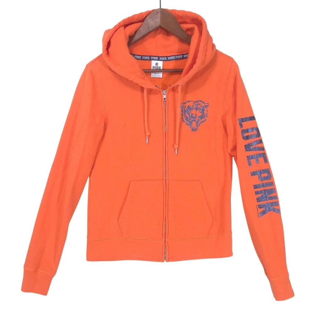 Victoria's Secret PINK Chicago Bears Hoodie S Bling Full Zip Orange Y2K NFL Cozy - Picture 2 of 16